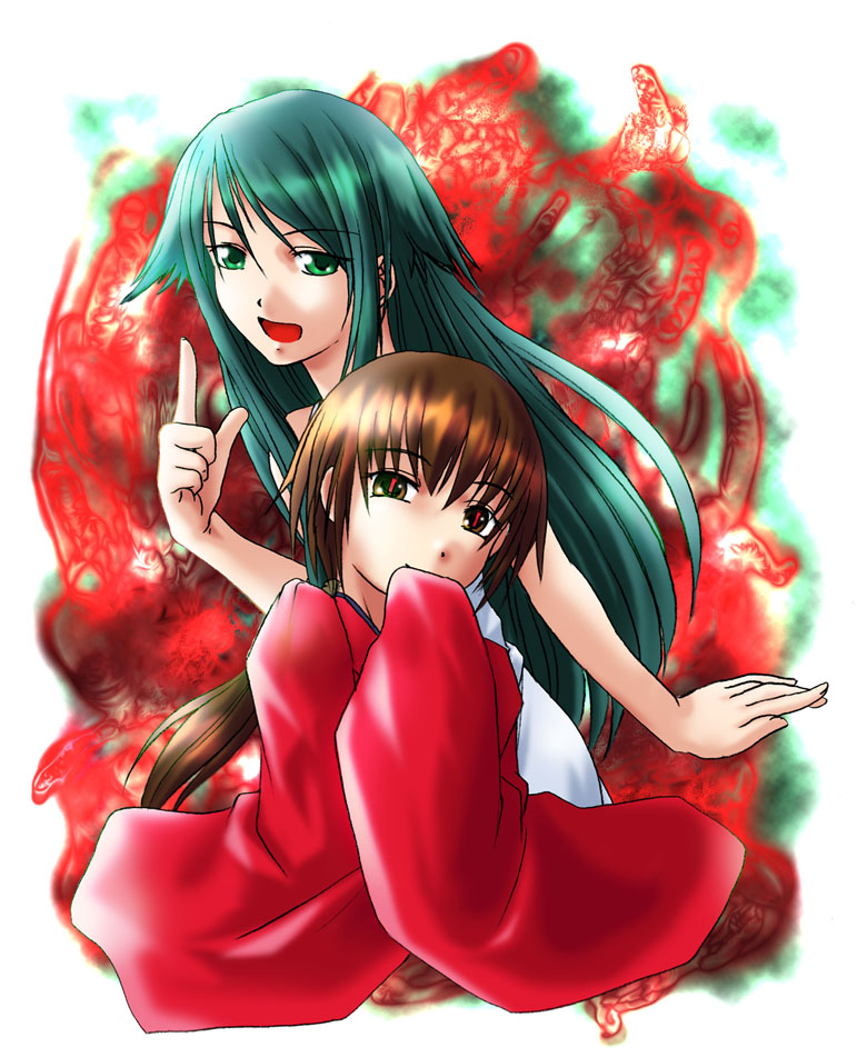 kurame, saya (saya no uta), futaba channel, guro cure, kusari hime: euthanasia, saya no uta, eyebrows, 2girls, bare arms, brown hair, covering own mouth, crossover, green hair, hair between eyes, head tilt, index finger raised, long sleeves, looking at viewer, multiple girls, open mouth, red eyes, short hair, sidelocks, sleeves past wrists, smirk