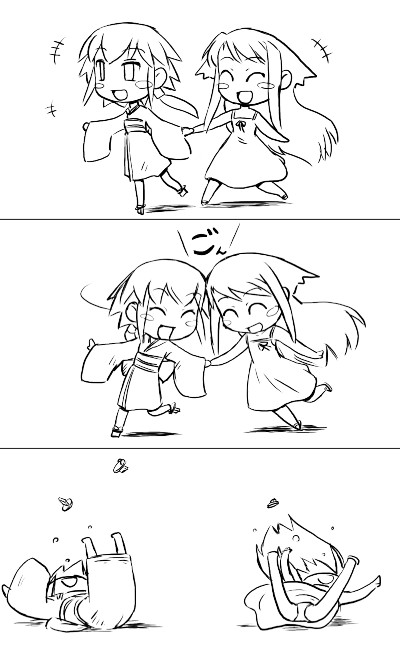 kurame, saya (saya no uta), futaba channel, guro cure, kusari hime: euthanasia, saya no uta, 2girls, 3koma, blush stickers, camisole, chibi, chibi only, comic, falling, greyscale, japanese clothes, kimono, monochrome, multiple girls, silent comic