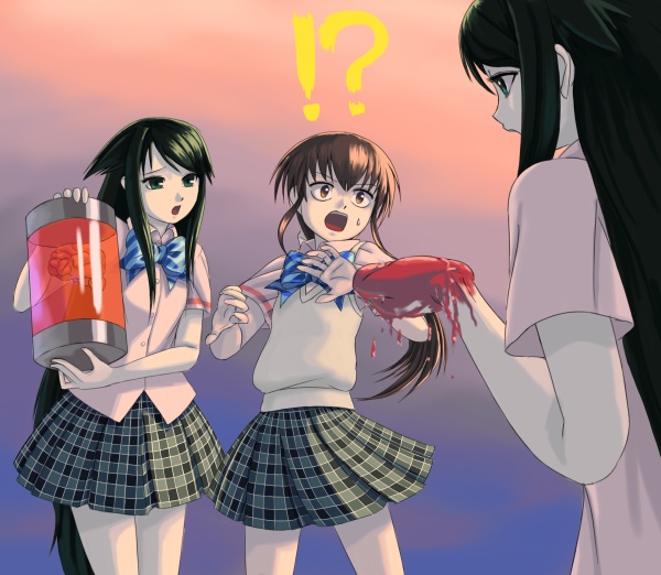 kurame, saya (saya no uta), futaba channel, futari wa precure, guro cure, kusari hime: euthanasia, precure, saya no uta, !, !?, 3girls, ?, cosplay, multiple girls, ponytail