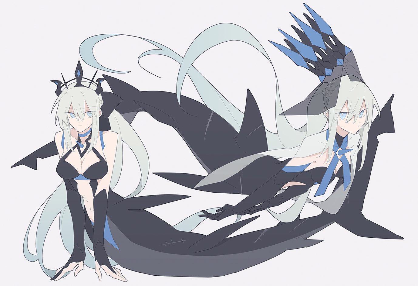 aww (pixiv4034890), morgan le fay (fate), morgan le fay (queen of winter) (fate), morgan le fay (third ascension) (fate), fate/grand order, fate (series), 2girls, black bow, black dress, black gloves, black tiara, blue eyes, bow, crown, dress, gloves, hair between eyes, hair bow, long hair, looking at viewer, multiple girls, ponytail, simple background, spikes, tiara, two-tone dress, veil, very long hair, white background, white hair