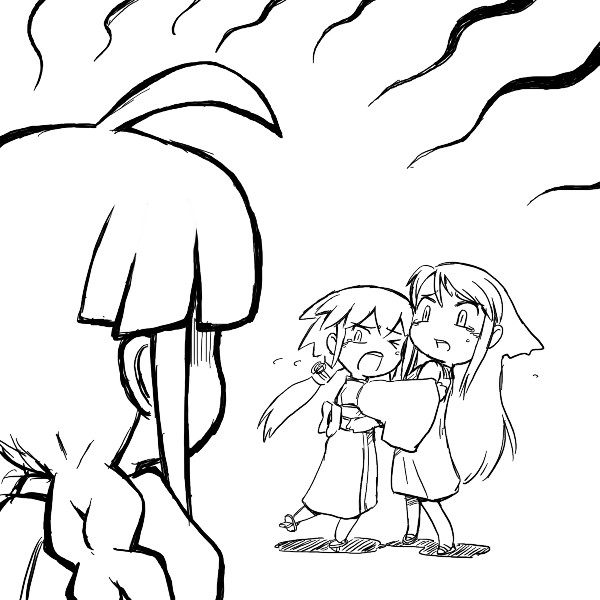 kurame, me-tan, saya (saya no uta), futaba channel, guro cure, kusari hime: euthanasia, os-tan, saya no uta, 3girls, ahoge, braid, greyscale, long hair, long sleeves, monochrome, multiple girls, one eye closed, tears, wink