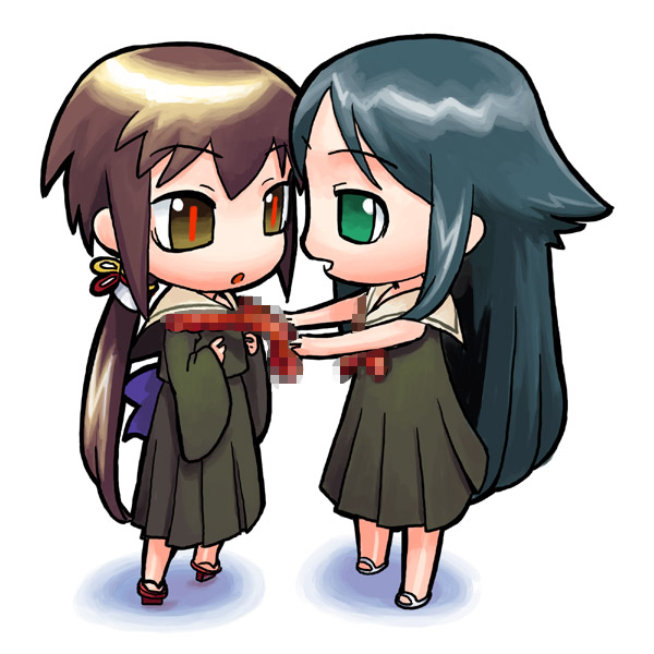 hirai yukio, kurame, saya (saya no uta), futaba channel, guro cure, kusari hime: euthanasia, maria-sama ga miteru, saya no uta, 00s, 2girls, censored, chibi, chibi only, crossover, mosaic censoring, multiple girls, school uniform