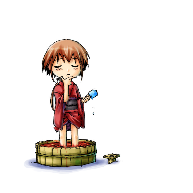 kurame, kusari hime: euthanasia, 1girl, blood, brown hair, closed eyes, female focus, food, geta, hand on own face, japanese clothes, kimono, ponytail, popsicle, solo, wading