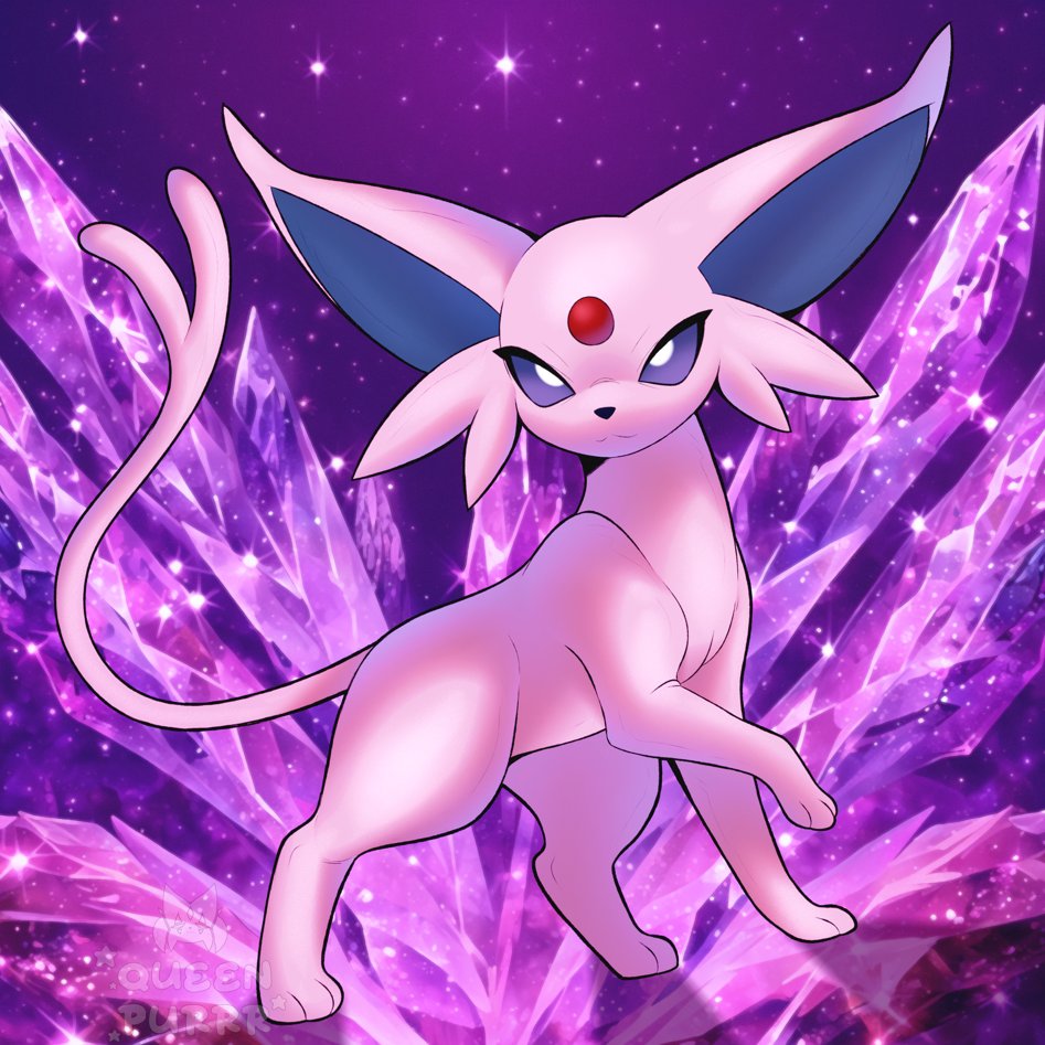 queen purrr, espeon, nintendo, pokemon, :3, animal focus, artist name, closed mouth, colored sclera, forehead jewel, forked tail, full body, gem, gen 2 pokemon, leg up, looking afar, monochrome, no humans, pokemon (creature), purple gemstone, purple sclera, purple theme, red gemstone, solo, sparkle, split mouth, standing, tail, watermark, white eyes