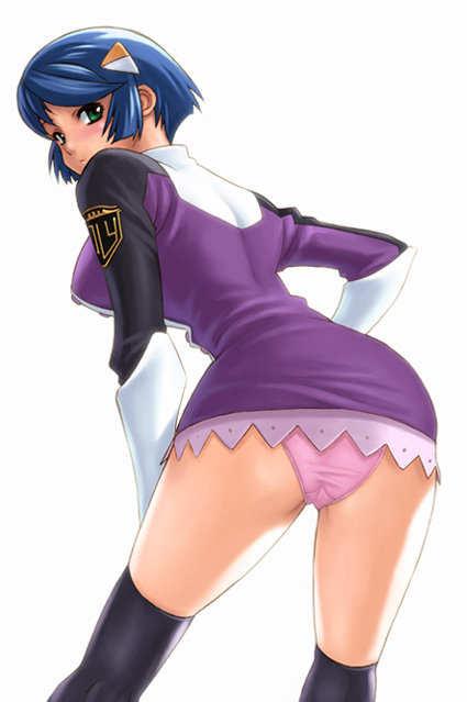 yasuomi, scheris adjani, scryed, 00s, 1girl, back, black thighhighs, blue hair, dress, female focus, from behind, green eyes, leaning forward, looking back, military, military uniform, panties, purple dress, purple panties, purple skirt, short dress, short hair, skirt, solo, standing, thighhighs, underwear
