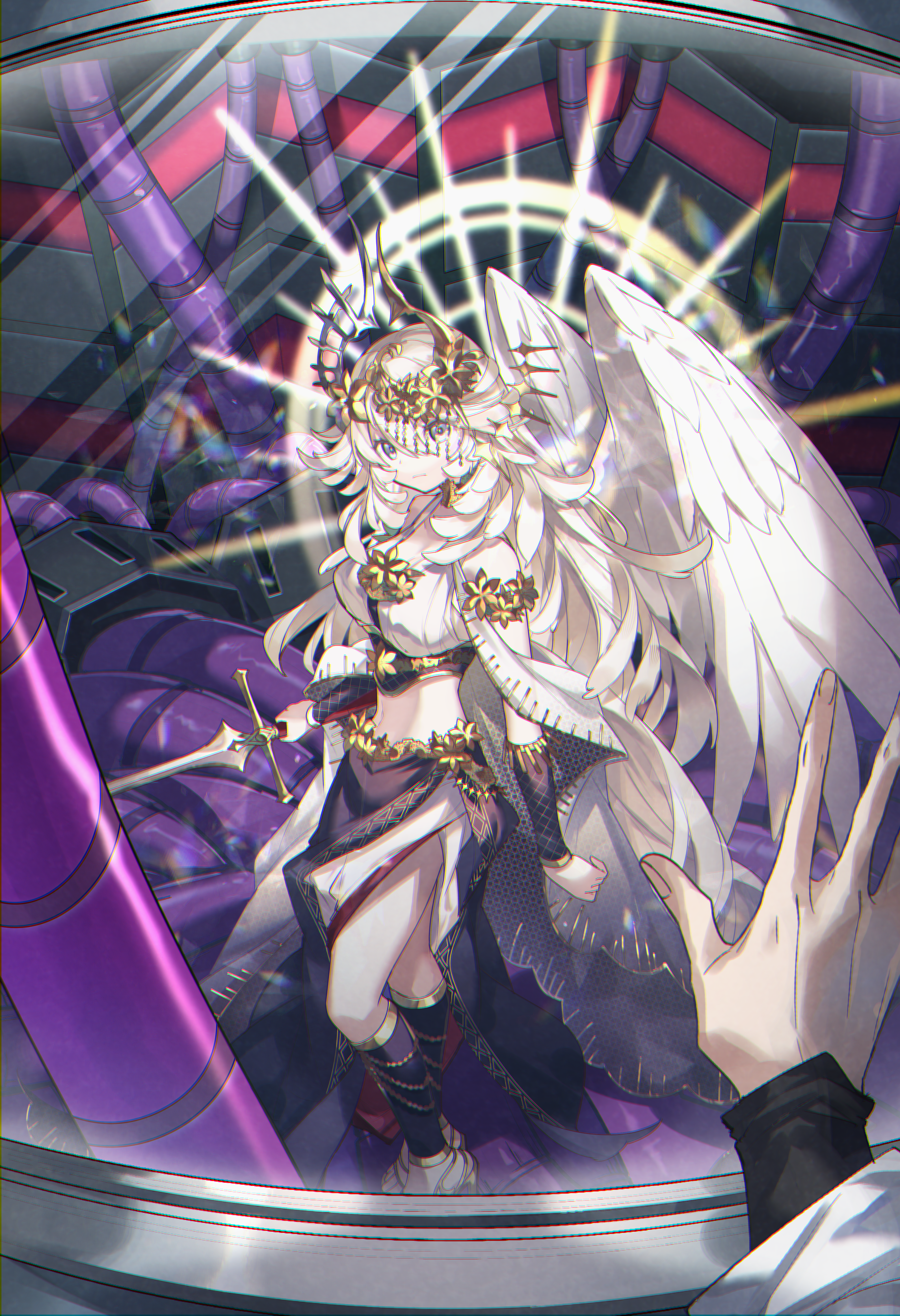 kuuron (moesann17), puzzle & dragons, absurdres, highres, 1boy, 1girl, angel, angel wings, blue eyes, breasts, fake horns, gold trim, hair ornament, halo, headgear, holding, holding weapon, horned headwear, horns, kneehighs, large breasts, long hair, looking at viewer, shoes, socks, solo, sword, themis (puzzle & dragons), very long hair, weapon, white hair, white wings, wings