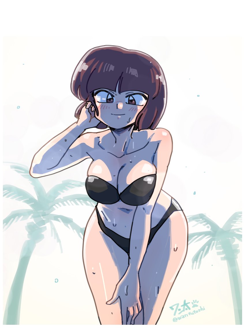 wanta (futoshi), tendou nabiki, ranma 1/2, commentary, translated, 1girl, adjusting hair, artist name, backlighting, bent over, bikini, black bikini, blunt bangs, blunt ends, blush, bob cut, border, breasts, brown eyes, brown hair, cleavage, closed mouth, collarbone, gradient background, hand on own head, hand on own thigh, hip focus, large breasts, leaning forward, light particles, light smile, looking at viewer, midriff, navel, outdoors, palm tree, playing with own hair, romaji commentary, shiny skin, short hair, signature, skindentation, smile, solo, standing, sweat, swimsuit, tree, twitter username, very sweaty, white background, white border, yellow background