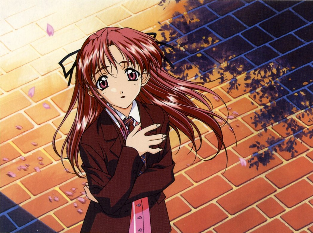 sawatari honoka, sentimental graffiti, 1990s (style), 1girl, cherry blossoms, female focus, half updo, retro artstyle, school uniform, serafuku, shadow, solo