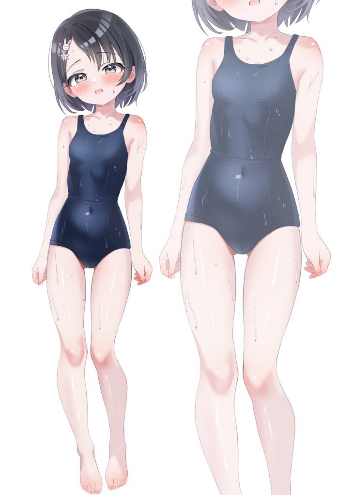 fella (vpffk0731), sasaki chie, idolmaster, idolmaster cinderella girls, commentary request, highres, 1girl, :o, bare legs, barefoot, black hair, blue one-piece swimsuit, blush, breasts, collarbone, covered navel, full body, gluteal fold, hair ornament, hairclip, looking at viewer, one-piece swimsuit, rabbit hair ornament, school swimsuit, short hair, simple background, small breasts, swimsuit, toes, white background, zoom layer