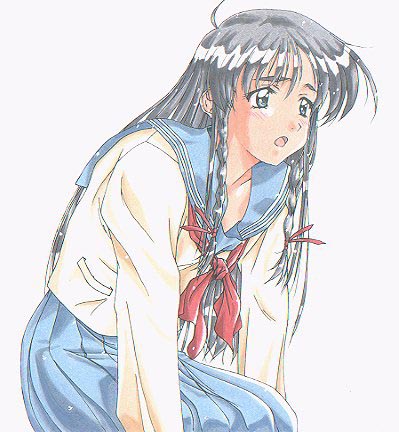 sugihara manami, sentimental graffiti, lowres, 1990s (style), 1girl, female focus, pleated skirt, retro artstyle, school uniform, serafuku, simple background, skirt, solo, white background