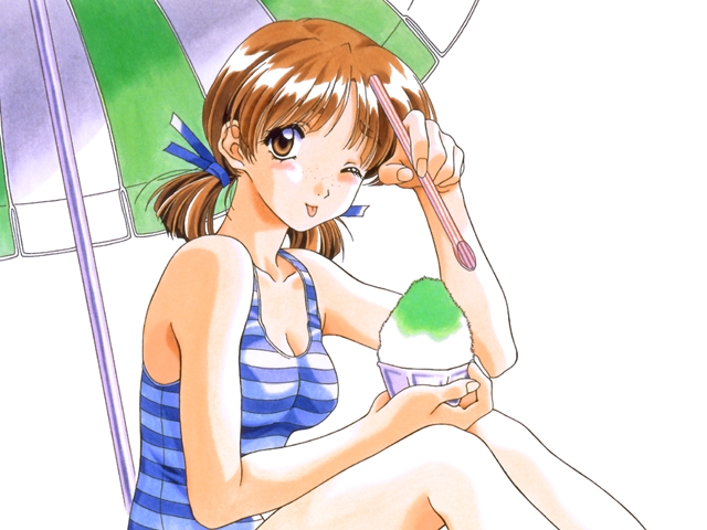 kai tomohisa, adachi taeko, sentimental graffiti, painting (medium), traditional media, watercolor (medium), 1990s (style), 1girl, beach umbrella, blouse, blue one-piece swimsuit, breasts, cleavage, female focus, food, freckles, from side, one-piece swimsuit, one eye closed, parasol, parted bangs, retro artstyle, shaved ice, shirt, simple background, sitting, solo, striped clothes, striped one-piece swimsuit, striped shirt, swimsuit, tongue, umbrella, white background, white one-piece swimsuit