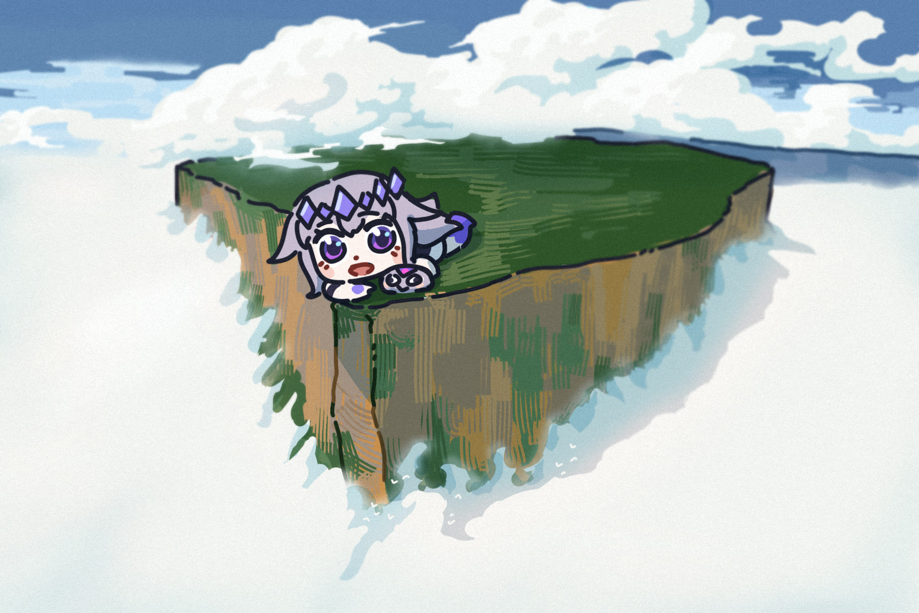 bing huyue, guyana, koseki bijou, pebble (koseki bijou), hololive, hololive english, highres, 1girl, 1other, blush stickers, brazil, chibi, cloud, cloudy sky, gem, gem hair ornament, hair flaps, hand jewel, lying, mount roraima, open mouth, purple eyes, purple gemstone, purple hair, real world location, scenery, sky, venezuela, virtual youtuber