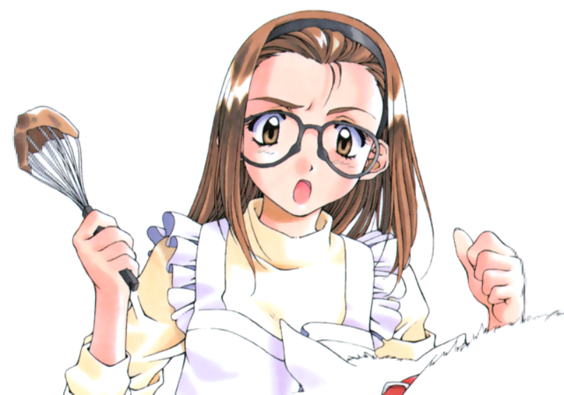 kai tomohisa, hosaka miyuki, sentimental graffiti, 1990s (style), 1girl, apron, cat, female focus, glasses, hairband, retro artstyle, solo, whisk