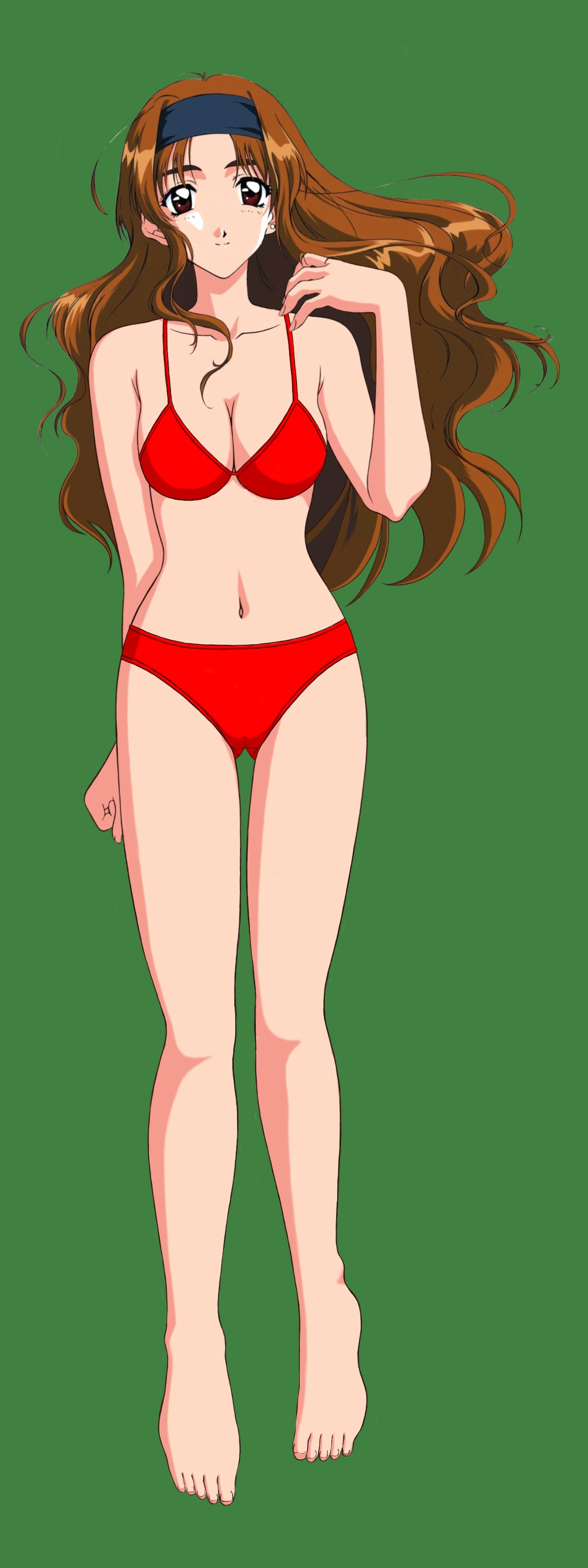 endou akira, sentimental graffiti, absurdres, highres, 1990s (style), 1girl, barefoot, bikini, breasts, brown eyes, brown hair, earrings, female focus, green background, headband, jewelry, medium breasts, red bikini, retro artstyle, simple background, solo, swimsuit