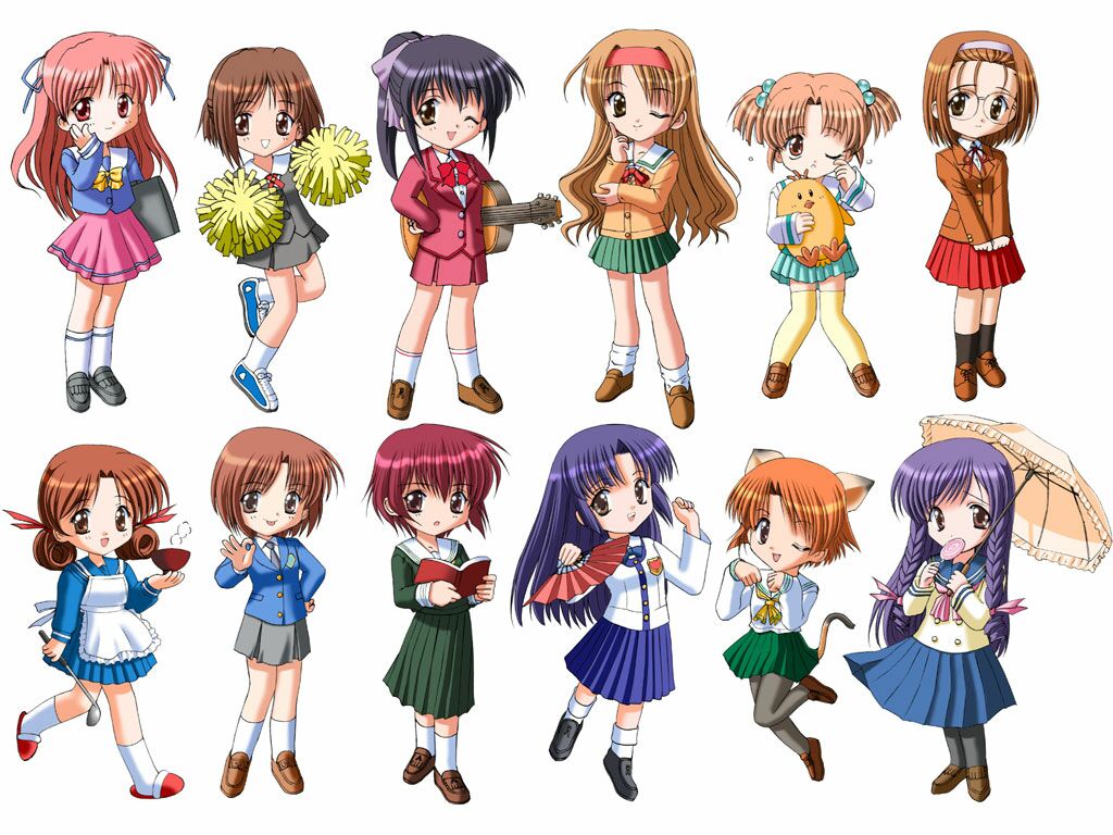 adachi taeko, ayasaki wakana, endou akira, hosaka miyuki, hoshino asuka, matsuoka chie, morii kaho, nagakura emiru, nanase yuu, sawatari honoka, sugihara manami, yamamoto rurika, sentimental graffiti, sister princess, duplicate, 6+girls, crossover, everyone, half updo, multiple girls, pantyhose, parody, white background