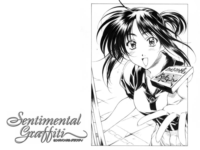 morii kaho, sentimental graffiti, tagme, 1990s (style), 1girl, female focus, greyscale, monochrome, retro artstyle, simple background, solo, white background