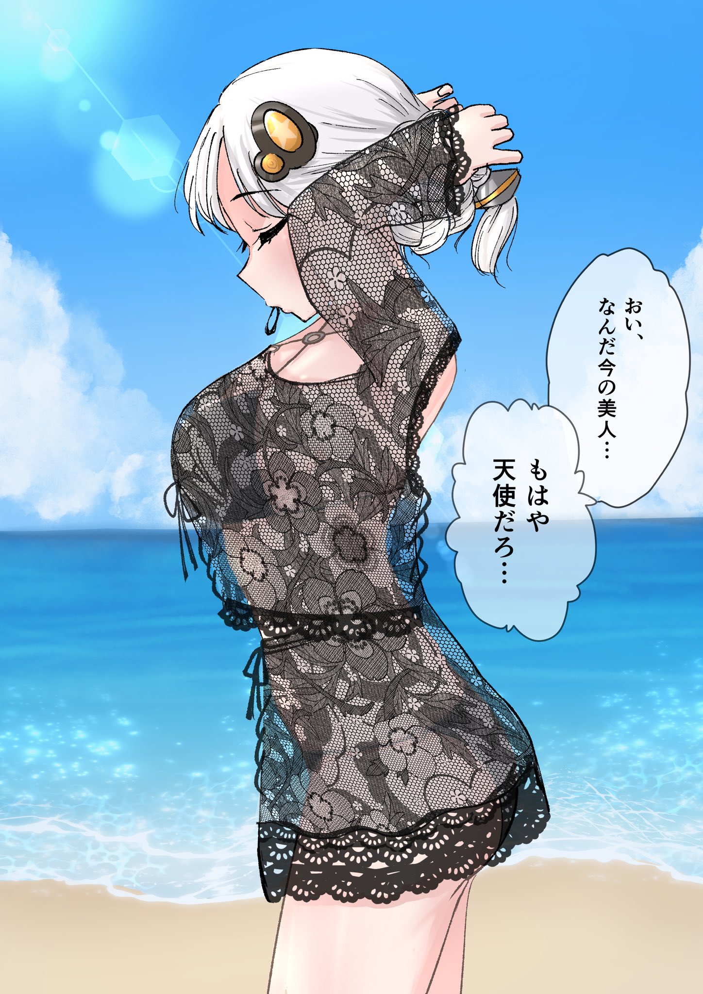 akazhima, kizuna akari, voiceroid, commentary request, highres, 1girl, alternate costume, alternate hairstyle, beach, bikini, bikini under clothes, black bikini, braid, breasts, closed eyes, dress, feet out of frame, floral print, floral print dress, hair ornament, hair tie in mouth, lace, lace-trimmed dress, lace dress, lace trim, large breasts, long sleeves, mouth hold, o-ring, o-ring bikini, ocean, ponytail, print dress, shore, short ponytail, solo, swimsuit, tying hair, white hair