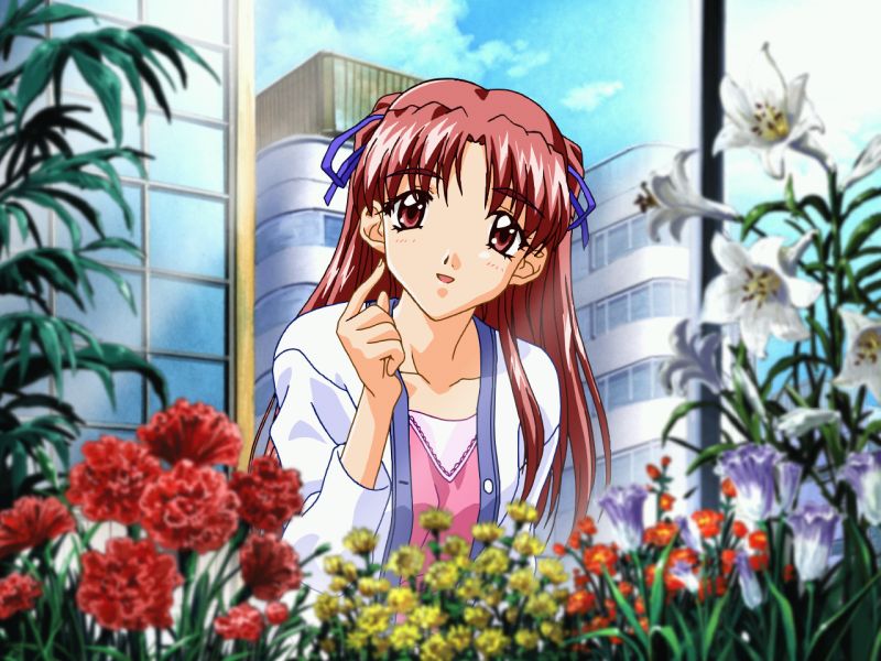 sawatari honoka, sentimental graffiti, 1990s (style), 1girl, blue sky, blurry, blush, brown eyes, brown hair, building, carnation, collarbone, day, depth of field, female focus, flower, hair ribbon, half updo, index finger raised, lily (flower), long hair, looking at viewer, outdoors, parted bangs, red carnation, red flower, retro artstyle, ribbon, sky, solo, upper body