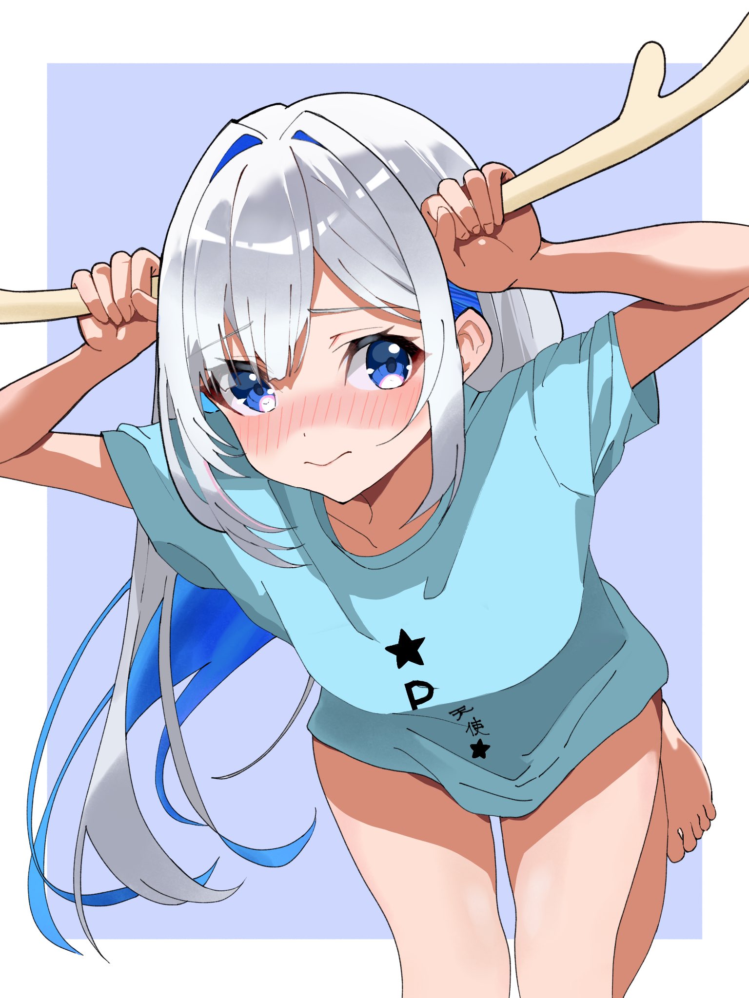 123haruno oto, amane kanata, hololive, commentary, highres, 1girl, antlers, aqua shirt, arms up, blue background, blue eyes, blue hair, blush, border, closed mouth, colored inner hair, dot nose, embarrassed, floating hair, foot out of frame, grey hair, hair intakes, horns, leaning forward, leg up, long hair, looking at viewer, multicolored hair, nose blush, outside border, raised inner eyebrows, shirt, short sleeves, simple background, solo, t-shirt, virtual youtuber, white border
