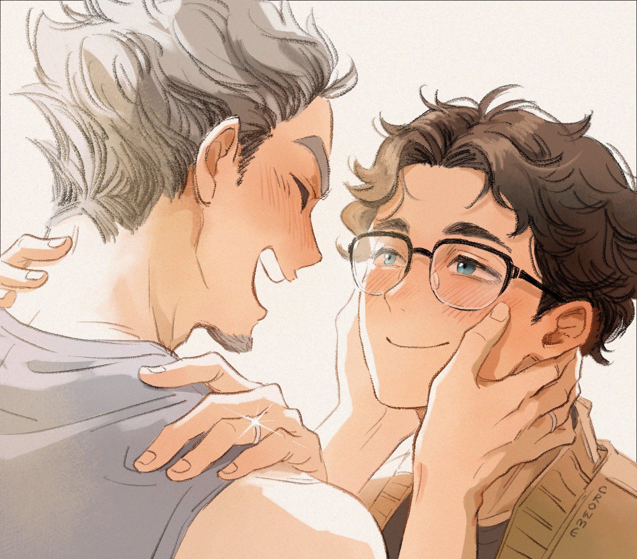 akaashi keiji, bokuto koutarou, haikyuu!!, commentary, english commentary, highres, 2boys, aged up, bare shoulders, bespectacled, black hair, black shirt, blue eyes, brown sweater, closed mouth, crew neck, crowme2, facial hair, fingernails, glasses, goatee, grey hair, grey shirt, hand on another's neck, hands on another's face, happy, husband and husband, jewelry, looking at another, male focus, multiple boys, parted hair, ring, shirt, sideburns, sleeveless, sleeveless shirt, smile, sweater, upper body, wavy hair, wedding ring, yaoi