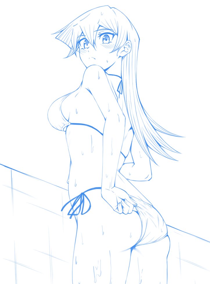rourou ill, tenjouin asuka, yu-gi-oh!, yu-gi-oh! gx, 1girl, blonde hair, blush, breasts, brown eyes, closed mouth, hair between eyes, large breasts, long hair, looking at viewer, simple background, solo, standing, straight hair, swimsuit, water, water drop, wet, wet clothes, wet hair, wet swimsuit, white background