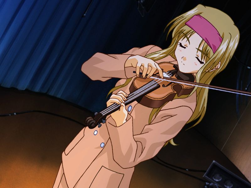 endou akira, sentimental graffiti, anime screenshot, 1990s (style), 1girl, blonde hair, female focus, instrument, long hair, retro artstyle, solo, violin