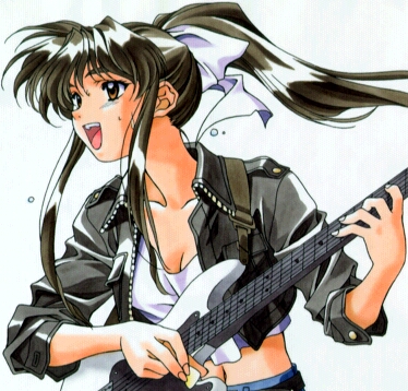 kai tomohisa, matsuoka chie, sentimental graffiti, lowres, 1990s (style), 1girl, brown eyes, brown hair, electric guitar, female focus, guitar, instrument, jacket, long hair, long sleeves, midriff, music, navel, open clothes, open jacket, open mouth, playing instrument, plectrum, ponytail, retro artstyle, sidelocks, solo