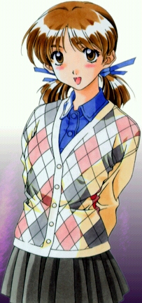 kai tomohisa, adachi taeko, sentimental graffiti, lowres, 1990s (style), 1girl, :d, argyle cardigan, argyle clothes, arms behind back, blue ribbon, blue shirt, blush, brown eyes, brown hair, buttons, cardigan, collared shirt, cowboy shot, female focus, gradient background, grey skirt, hair ribbon, long sleeves, looking at viewer, low twintails, open mouth, pleated skirt, purple background, retro artstyle, ribbon, shirt, short twintails, skirt, smile, solo, twintails