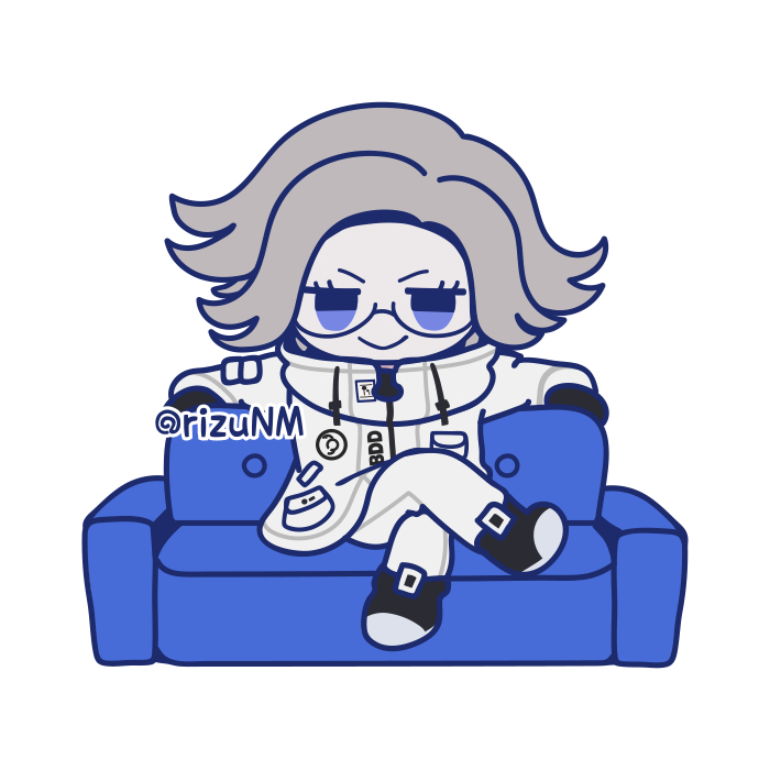 rizu (rizunm), aotsuki eito, the hundred line -last defense academy-, spoilers, 1boy, :>, black gloves, blue couch, chibi, chibi only, couch, crossed legs, evil smile, glasses, gloves, grey hair, jacket, looking at viewer, male focus, on couch, outstretched arms, pocket, purple eyes, short hair, simple background, smile, solo, spread arms, twitter username, white background, white jacket