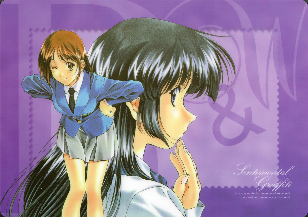 ayasaki wakana, yamamoto rurika, sentimental graffiti, 1990s (style), 2girls, english text, hand on own hip, multiple girls, retro artstyle, school uniform, serafuku