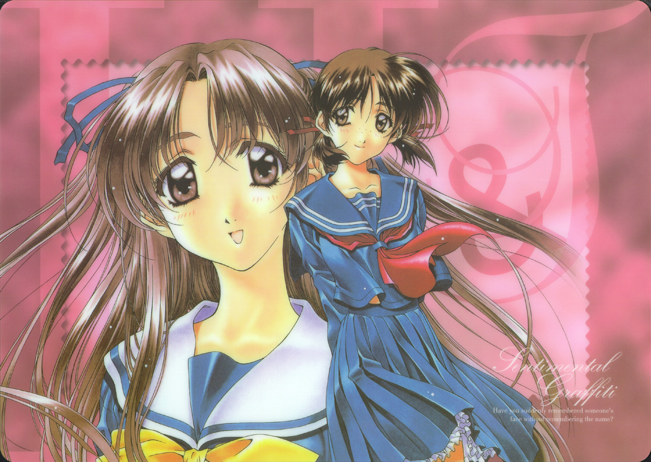 adachi taeko, sawatari honoka, sentimental graffiti, 1990s (style), 2girls, copyright name, half updo, multiple girls, pink background, retro artstyle, school uniform, serafuku