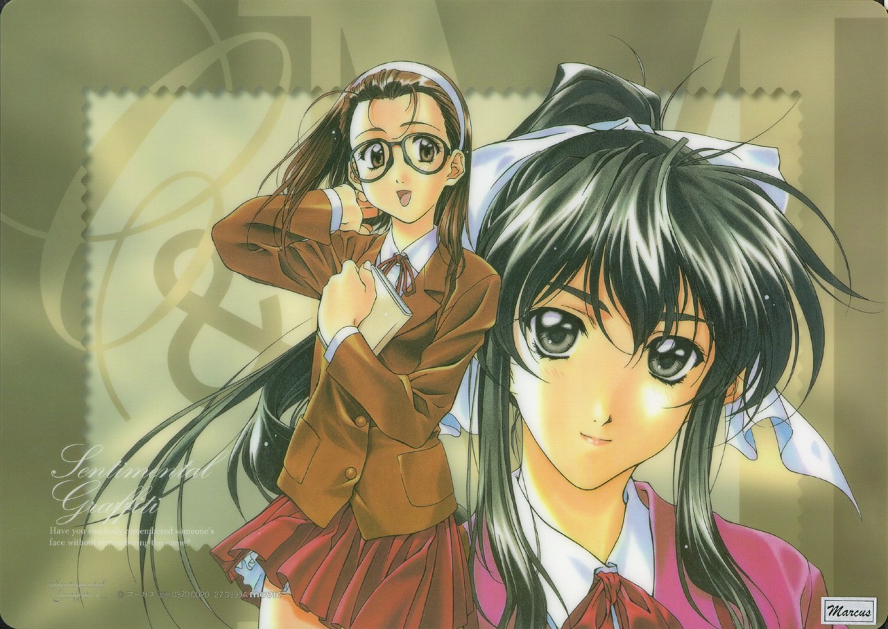 hosaka miyuki, matsuoka chie, sentimental graffiti, 1990s (style), 2girls, book, glasses, multiple girls, outside border, retro artstyle, school uniform, serafuku