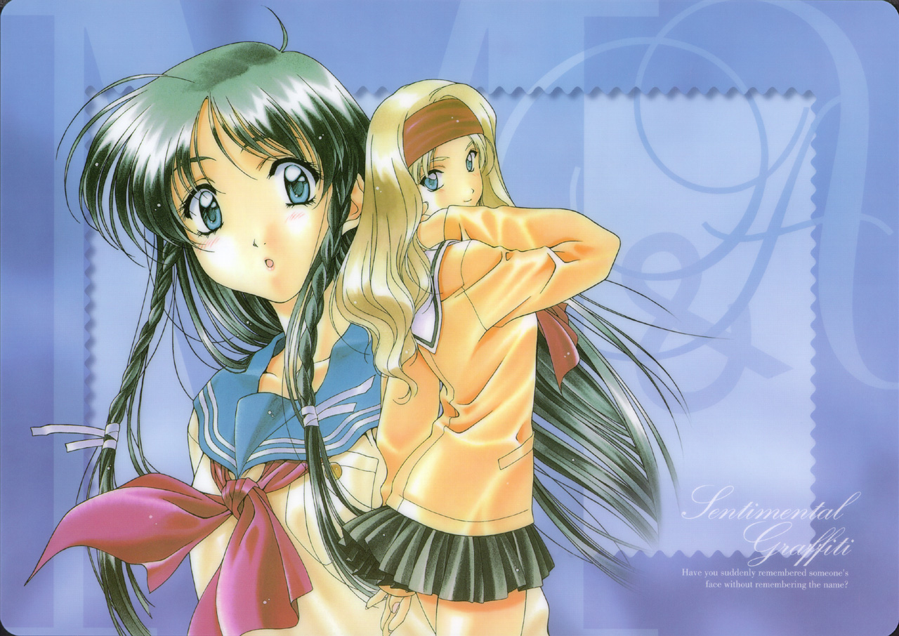 endou akira, sugihara manami, sentimental graffiti, 1990s (style), 2girls, english text, multiple girls, retro artstyle, school uniform, serafuku
