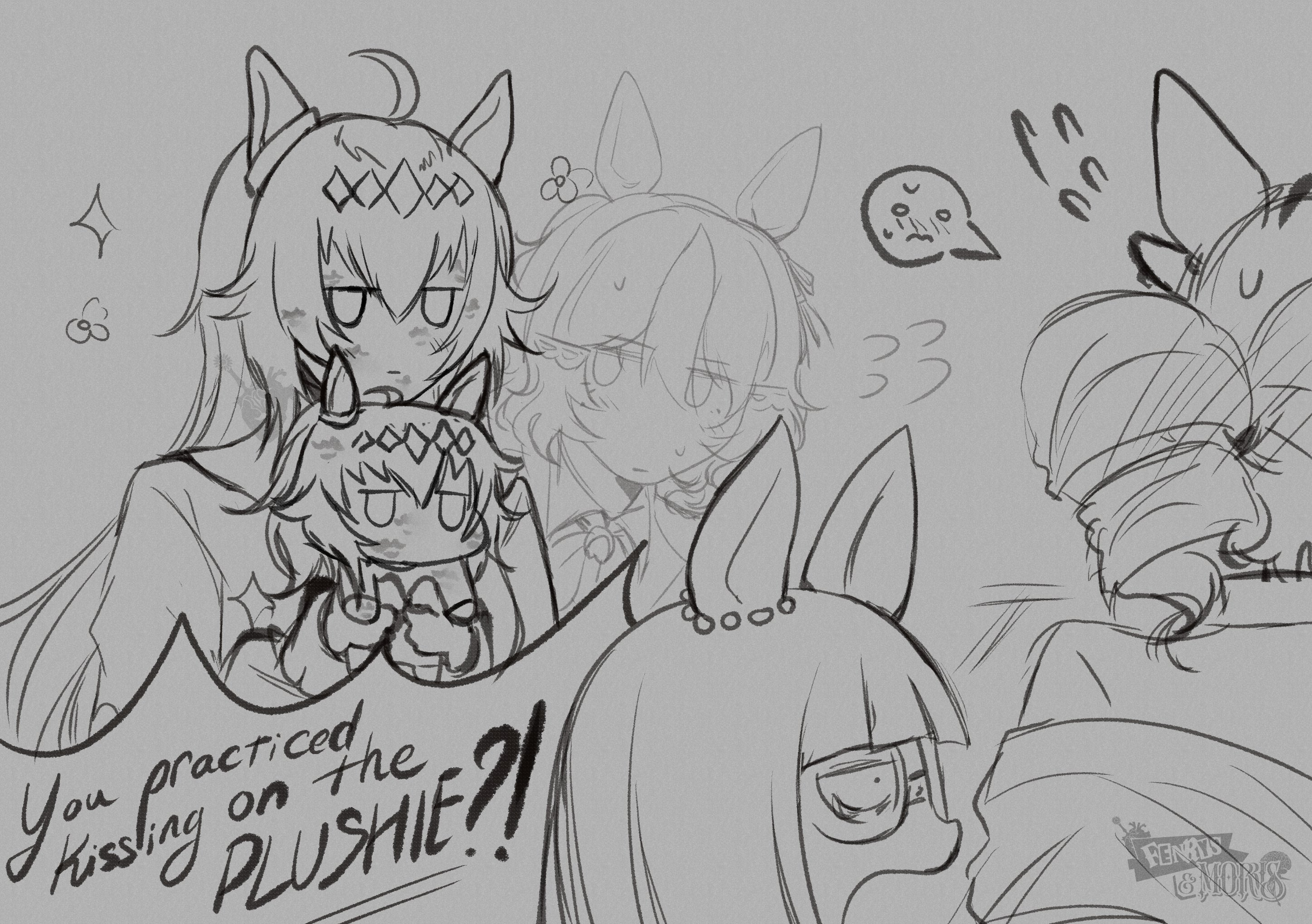 belno light (umamusume), mini the lady (umamusume), norn ace (umamusume), oguri cap (umamusume), umamusume, umamusume: cinderella gray, highres, 4girls, after kiss, ahoge, animal ears, blush, bow, closed mouth, ear ornament, ear ribbon, embarrassed, english text, exocorpse, flying sweatdrops, hair between eyes, hair ornament, holding, horse ears, horse girl, horse tail, lipstick mark, long hair, medium hair, multicolored hair, multiple girls, open mouth, side ponytail, simple background, spoken blush, stuffed animal, stuffed toy, tail, watermark, white background, yuri