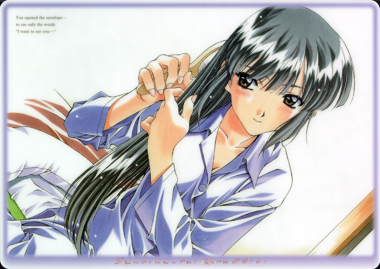 kai tomohisa, ayasaki wakana, sentimental graffiti, 1990s (style), 1girl, blush, english text, female focus, hair brush, pajamas, retro artstyle, smile, solo