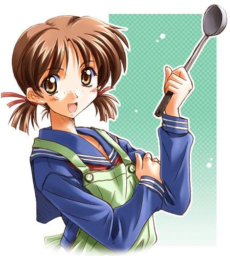 takeya masami, adachi taeko, sentimental graffiti, jpeg artifacts, lowres, 1990s (style), 1girl, :d, apron, aqua background, brown eyes, brown hair, female focus, freckles, gradient background, holding, ladle, long sleeves, looking at viewer, low twintails, open mouth, outline, retro artstyle, school uniform, serafuku, short twintails, smile, solo, twintails, upper body