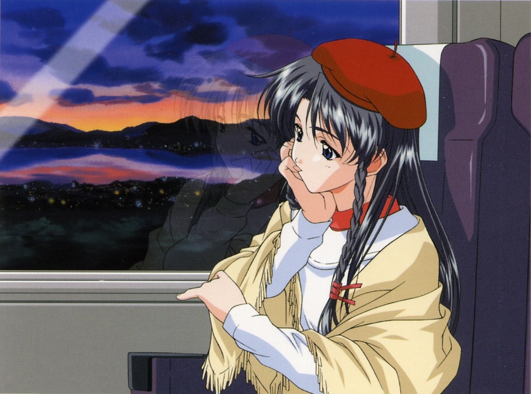 sugihara manami, sentimental graffiti, 1990s (style), 1girl, arm rest, beret, black hair, blue eyes, braid, chair, city, city lights, evening, female focus, hat, lake, long hair, long sleeves, poncho, reflection, retro artstyle, shirt, solo, sunset, train, train interior, twin braids, upper body, water, white shirt