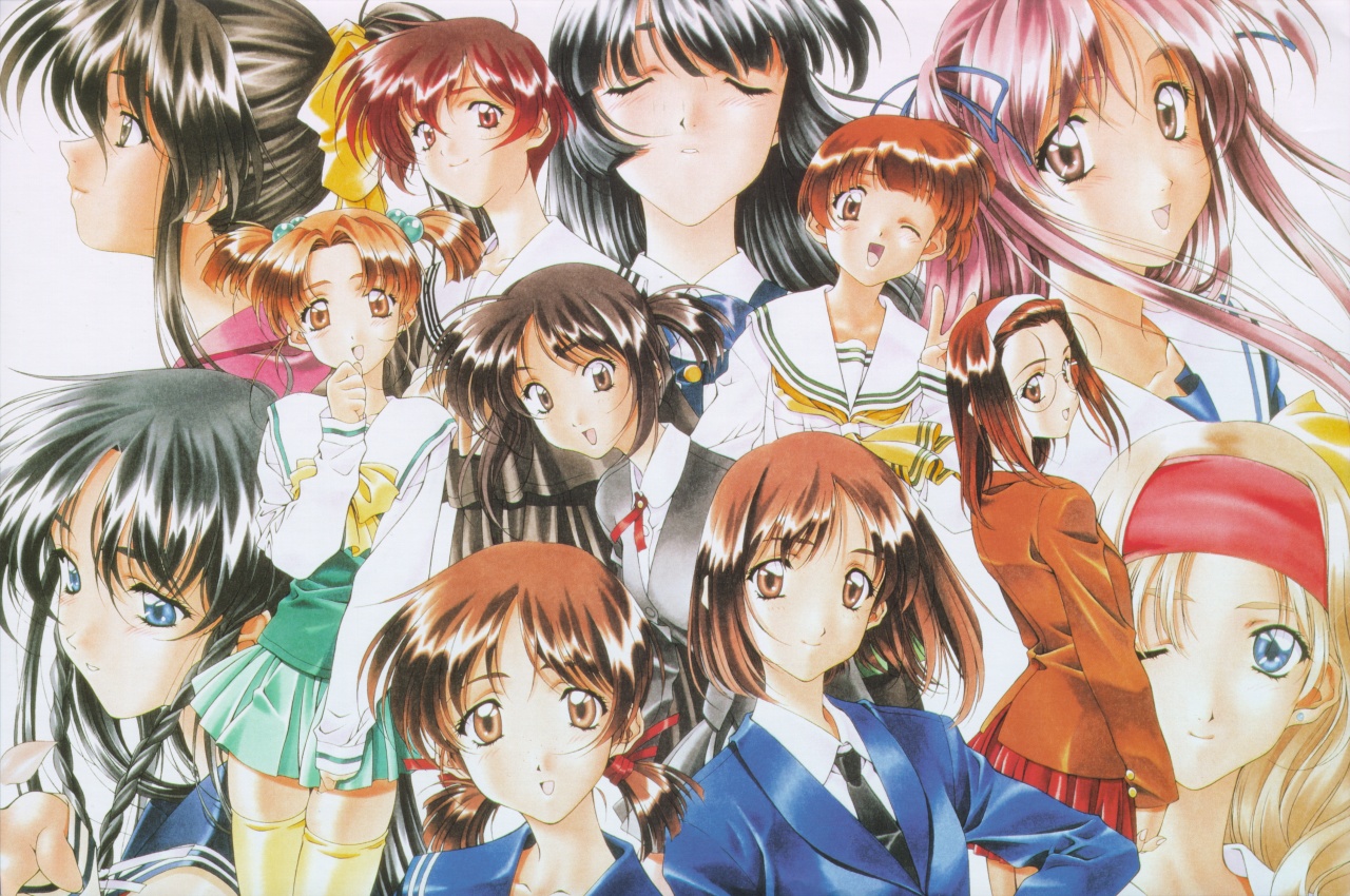 kai tomohisa, adachi taeko, ayasaki wakana, endou akira, hosaka miyuki, hoshino asuka, matsuoka chie, morii kaho, nagakura emiru, nanase yuu, sawatari honoka, sugihara manami, yamamoto rurika, sentimental graffiti, 1990s (style), 6+girls, blazer, everyone, jacket, multiple girls, one eye closed, school uniform, serafuku, thighhighs, zettai ryouiki