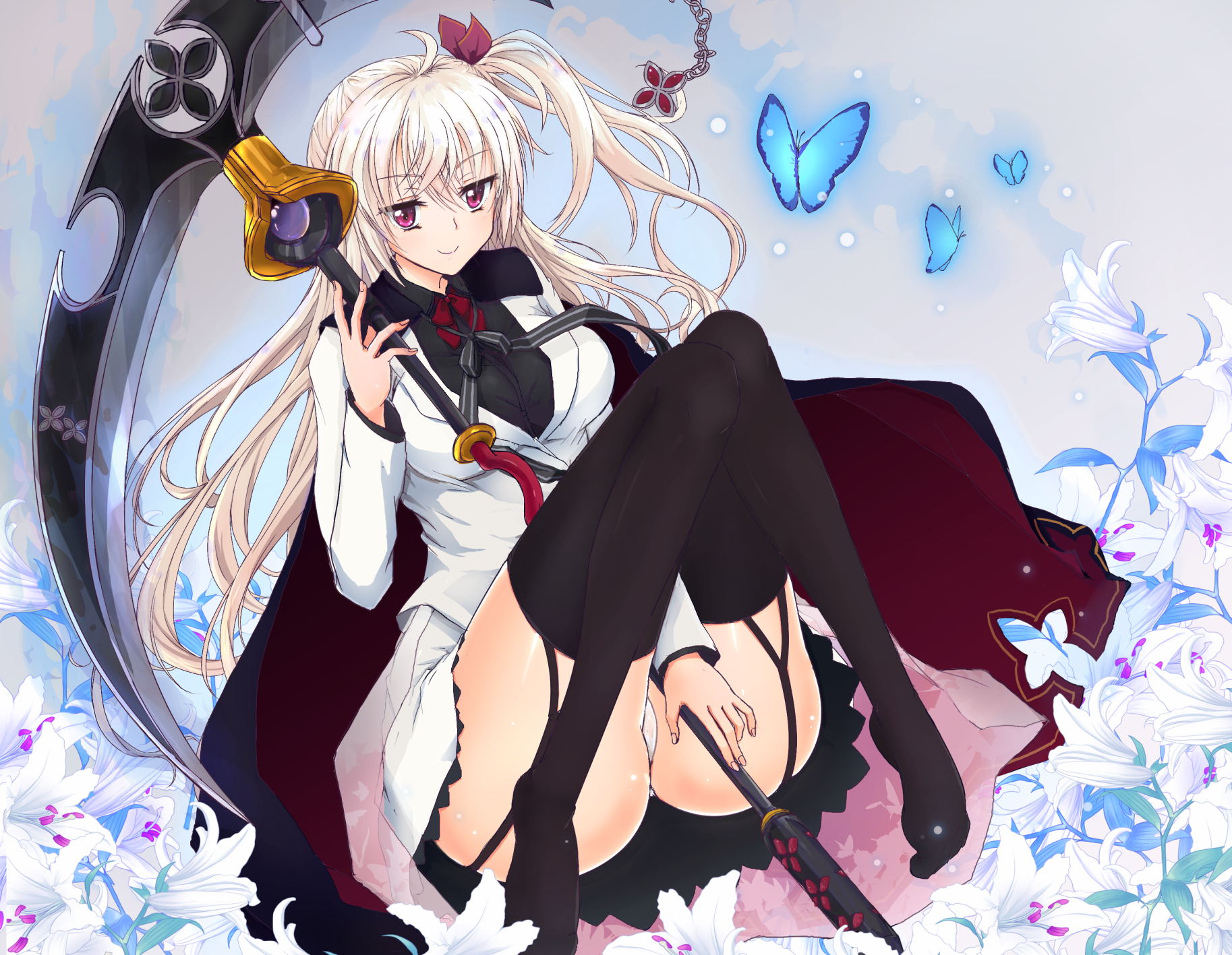 karukan (karukann), akizuki kanna, cafe stella to shinigami no chou, white lily, commentary, highres, >:), 1girl, ahoge, between legs, black cape, black shirt, black thighhighs, blue butterfly, bow, bowtie, breasts, bug, butterfly, c:, cape, closed mouth, collared shirt, crossed bangs, field, floating hair, flower, flower field, full body, garter straps, glowing, glowing butterfly, grey background, hair between eyes, hair ribbon, hand between legs, hand up, holding, holding scythe, insect, jacket, knees together feet apart, large breasts, long hair, long sleeves, looking at viewer, miniskirt, no shoes, one side up, panties, red bow, red bowtie, red cape, red eyes, red ribbon, ribbon, scythe, shinigami, shirt, sidelocks, simple background, sitting, skirt, smile, solo, split mouth, straight hair, thick thighs, thighhighs, thighs, two-sided cape, two-sided fabric, underwear, v-shaped eyebrows, very long hair, white flower, white hair, white jacket, white panties, white skirt, zettai ryouiki