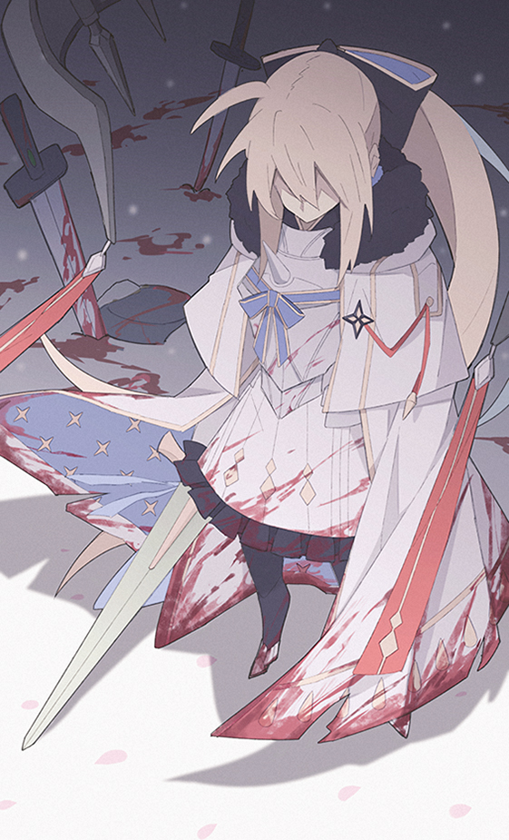 aww (pixiv4034890), aesc (fate), aesc (savior) (fate), fate/grand order, fate (series), 1girl, blonde hair, blood, blood on clothes, bow, fur trim, hair between eyes, hair bow, holding, holding sword, holding weapon, huge weapon, long hair, ponytail, solo, spikes, sword, very long hair, weapon