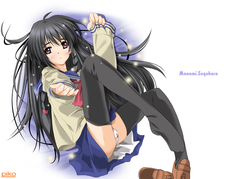 sugihara manami, sentimental graffiti, 1990s (style), 1girl, black hair, black thighhighs, blush, female focus, lingerie, long hair, miniskirt, panties, pantyshot, petticoat, purple eyes, retro artstyle, school uniform, serafuku, shoes, sitting, skirt, solo, thighhighs, underwear, upskirt, white panties