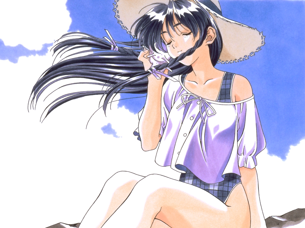 kai tomohisa, sugihara manami, sentimental graffiti, 1990s (style), 1girl, black hair, braid, casual one-piece swimsuit, closed eyes, female focus, hat, long hair, off shoulder, one-piece swimsuit, retro artstyle, seashell, shell, smile, solo, straw hat, swimsuit, swimsuit under clothes, wind