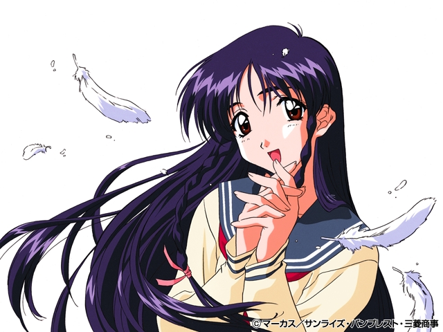 sugihara manami, sentimental graffiti, 1990s (style), 1girl, copyright notice, female focus, head tilt, long sleeves, looking at viewer, retro artstyle, solo, white background