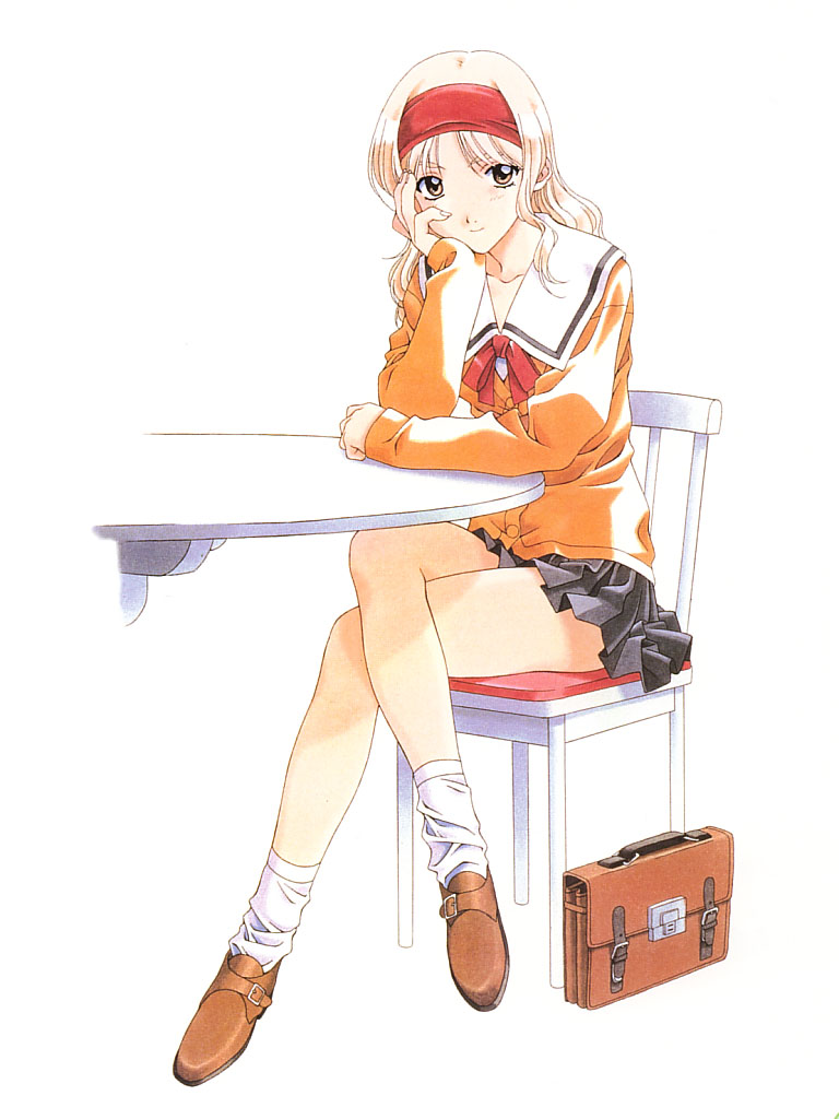 kai tomohisa, endou akira, sentimental graffiti, 1990s (style), 1girl, blonde hair, chair, female focus, loose socks, retro artstyle, school uniform, sitting, socks, solo, table