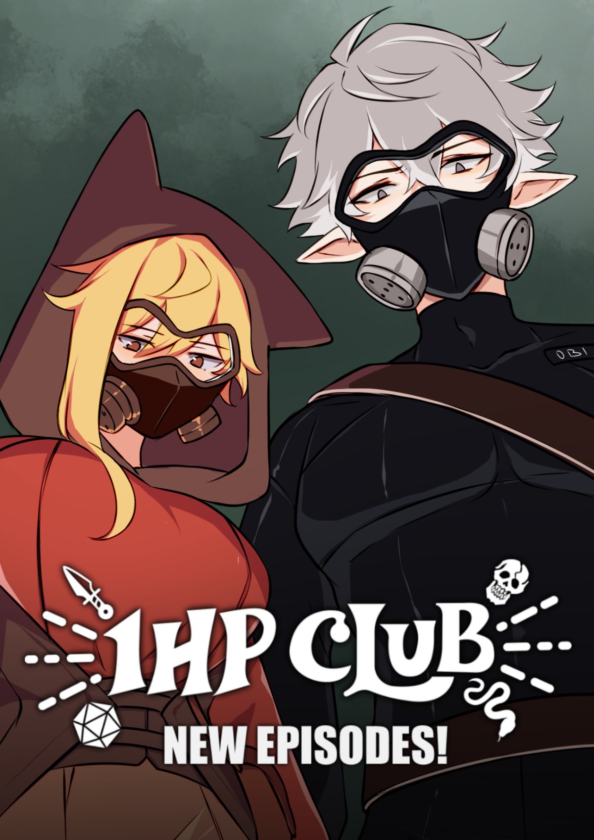 elfboiii, highres, promotional art, 1boy, 1girl, 1hp club, ahoge, alice (1hp club), animal ear hood, belt, black shirt, blonde hair, breasts, brown eyes, brown hoodie, copyright name, crossed bangs, double-parted bangs, english text, fake animal ears, gas mask, hair between eyes, hood, hood up, hoodie, jacket, looking at viewer, mask, narrowed eyes, obi (1hp club), pectoral cleavage, pectorals, pointy ears, red jacket, shirt, short hair, single sidelock, white hair