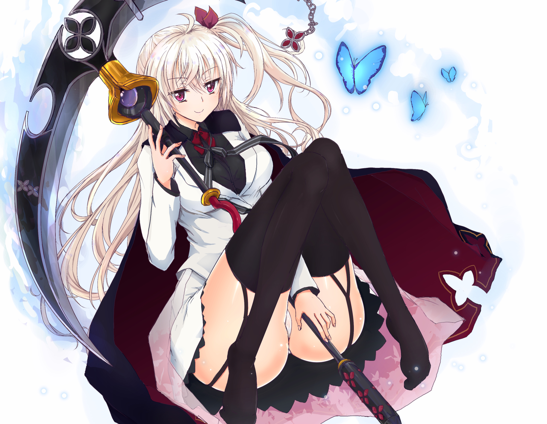 karukan (karukann), akizuki kanna, cafe stella to shinigami no chou, commentary, highres, >:), 1girl, ahoge, between legs, black cape, black shirt, black thighhighs, blue butterfly, bow, bowtie, breasts, bug, butterfly, c:, cape, closed mouth, collared shirt, crossed bangs, field, floating hair, full body, garter straps, glowing, glowing butterfly, hair between eyes, hair ribbon, hand between legs, hand up, holding, holding scythe, insect, jacket, knees together feet apart, large breasts, long hair, long sleeves, looking at viewer, miniskirt, no shoes, one side up, panties, red bow, red bowtie, red cape, red eyes, red ribbon, ribbon, scythe, shinigami, shirt, sidelocks, simple background, sitting, skirt, smile, solo, split mouth, straight hair, thick thighs, thighhighs, thighs, two-sided cape, two-sided fabric, underwear, v-shaped eyebrows, very long hair, white background, white hair, white jacket, white panties, white skirt, zettai ryouiki