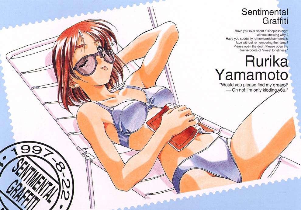 kai tomohisa, yamamoto rurika, sentimental graffiti, 1990s (style), 1girl, armpits, bikini, blue bikini, breasts, chair, character name, cleavage, copyright name, cowboy shot, dated, english text, female focus, from above, lounge chair, one eye closed, purple-tinted eyewear, retro artstyle, simple background, solo, sunglasses, swimsuit, tinted eyewear, tongue, white background, wink