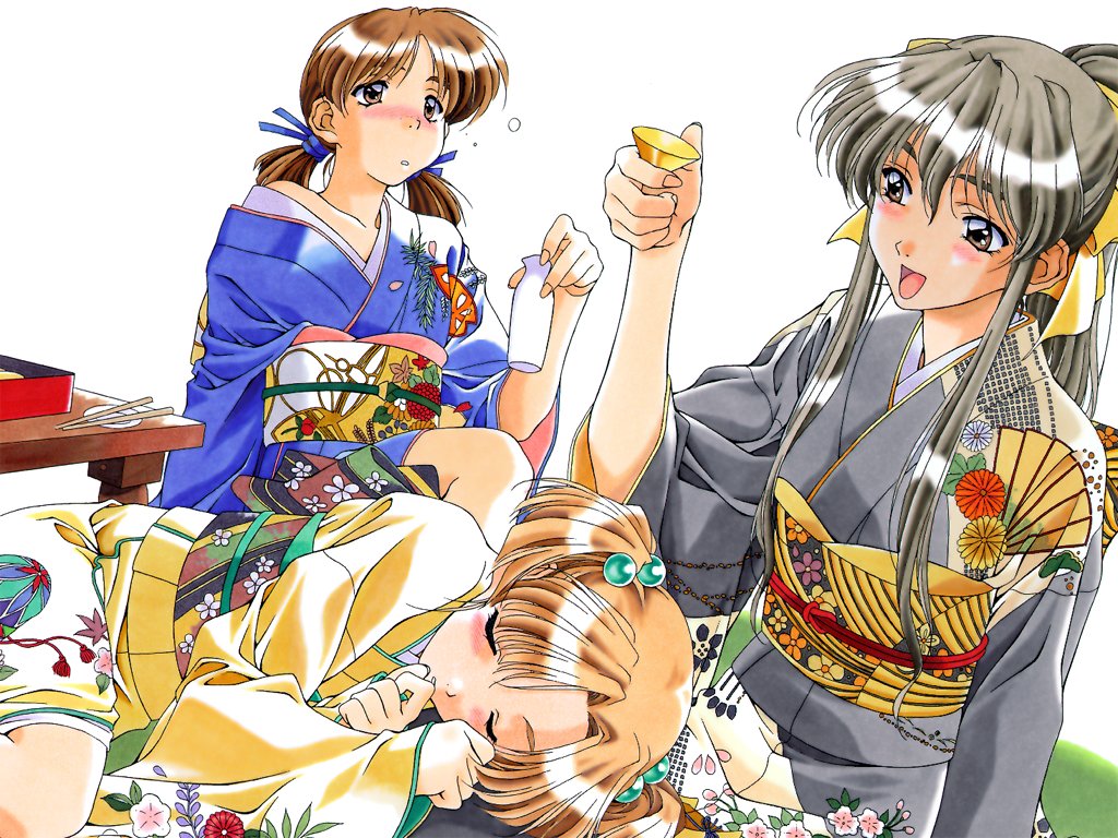 kai tomohisa, adachi taeko, matsuoka chie, nagakura emiru, sentimental graffiti, light brown hair, 1990s (style), 3girls, :d, :o, blush, brown eyes, brown hair, chopsticks, closed eyes, cup, drunk, floral print, grey hair, hair bobbles, hair ornament, hair ribbon, holding, japanese clothes, kimono, lap pillow, long hair, long sleeves, low twintails, lying, multiple girls, obi, off shoulder, on side, open mouth, ponytail, retro artstyle, ribbon, sakazuki, sash, short twintails, sidelocks, simple background, single bare shoulder, sitting, smile, table, tokkuri, twintails, white background
