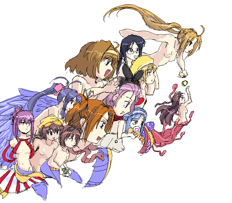 aria (sister princess), chikage (sister princess), exdeath, haruka (sister princess), hinako (sister princess), kaho (sister princess), karen (sister princess), mamoru (sister princess), marie (sister princess), neo exdeath, rinrin (sister princess), sakuya (sister princess), shirayuki (sister princess), yotsuba (sister princess), final fantasy, final fantasy v, sister princess, 6+girls, blue hair, breasts, brown hair, everyone, flat chest, hairband, long hair, medium breasts, monster girl, multiple girls, nude, oekaki, parody, ponytail, purple hair, short hair, small breasts, white background