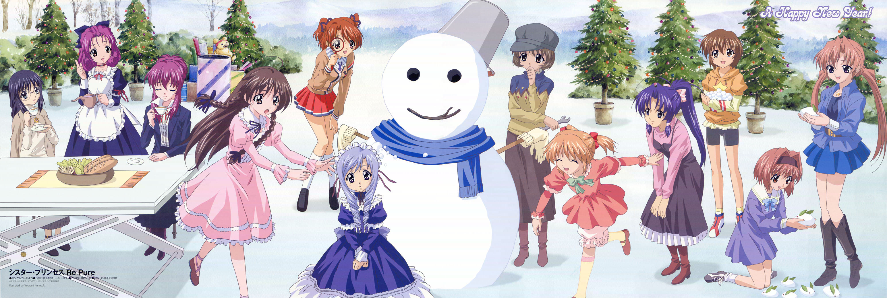 kanasaki takaomi, aria (sister princess), chikage (sister princess), haruka (sister princess), hinako (sister princess), kaho (sister princess), karen (sister princess), mamoru (sister princess), marie (sister princess), rinrin (sister princess), sakuya (sister princess), shirayuki (sister princess), yotsuba (sister princess), sister princess, hand on thigh, striped, white legwear, yellow legwear, highres, long image, official art, scan, wide image, 00s, 6+girls, :d, :o, ^ ^, age difference, ahoge, apron, arm ribbon, belt, bike shorts, blazer, bloomers, blue eyes, blue hair, boots, bow, bowl, braid, bread, brown eyes, brown hair, bucket, chair, child, choker, christmas ornaments, christmas tree, closed eyes, cloud, cup, day, dress, drill hair, drink, everyone, flat chest, food, frilled dress, frills, glasses, gloves, grey hair, hair bow, hair ribbon, hairband, hand on own chin, hand on own thigh, hat, high heels, holding, hood, hoodie, jacket, jewelry, knee boots, kneehighs, kneeling, leaning forward, leg lift, loafers, lolita fashion, long dress, long skirt, looking at viewer, magnifying glass, mary janes, miniskirt, monochrome, multiple girls, necklace, necktie, newsboy cap, on ground, open clothes, open jacket, open mouth, orange eyes, orange hair, outdoors, parted bangs, pink hair, plate, pleated skirt, pointing, ponytail, purple eyes, purple hair, red eyes, ribbon, scarf, school uniform, serafuku, shawl, shoes, short dress, short twintails, siblings, side braid, sidelocks, sisters, sitting, skirt, sky, smile, sneakers, snow, snow rabbit, snowball, snowman, socks, squatting, standing, star (symbol), star print, stroking own chin, stuffed animal, stuffed toy, surprised, sweater, table, teacup, teapot, teddy bear, throwing, tomboy, tree, twin braids, twin drills, twintails, underwear, v arms, wrench